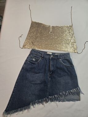 Other Gold Tone Mesh Chain-Strap Crop Top AND COTTON ON ASYMETRIC MINI